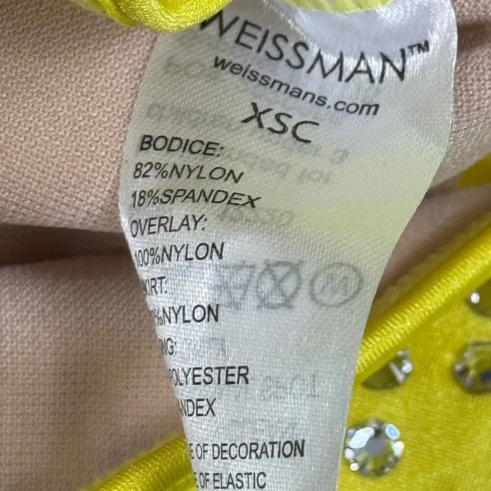 Weissman Yellow Rhinestone Sequin Tulle Dance Costume Dress & Hair Bow sz XS C